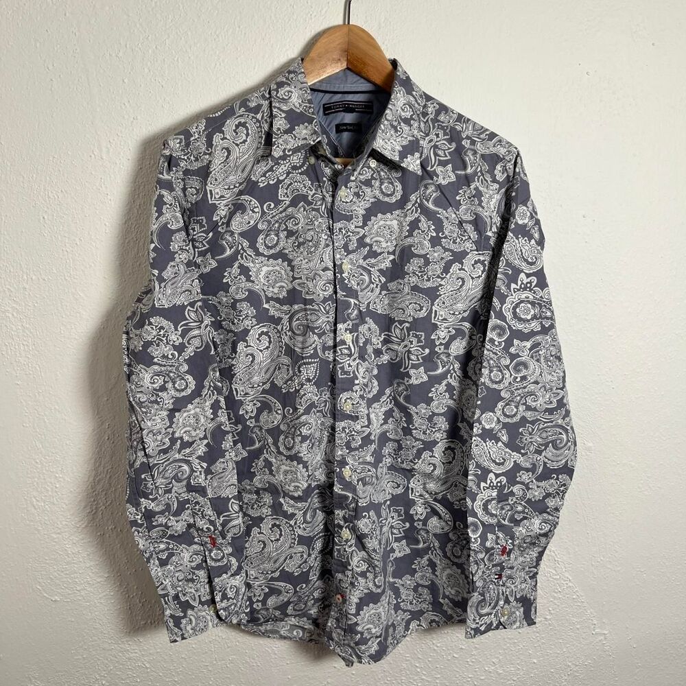 Tommy Hilfiger Men's Grey and Blue Shirt